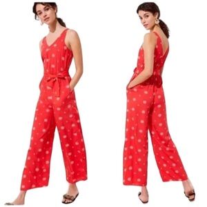 Loft Coral Daisy Wide Leg Tie Waist Jumpsuit